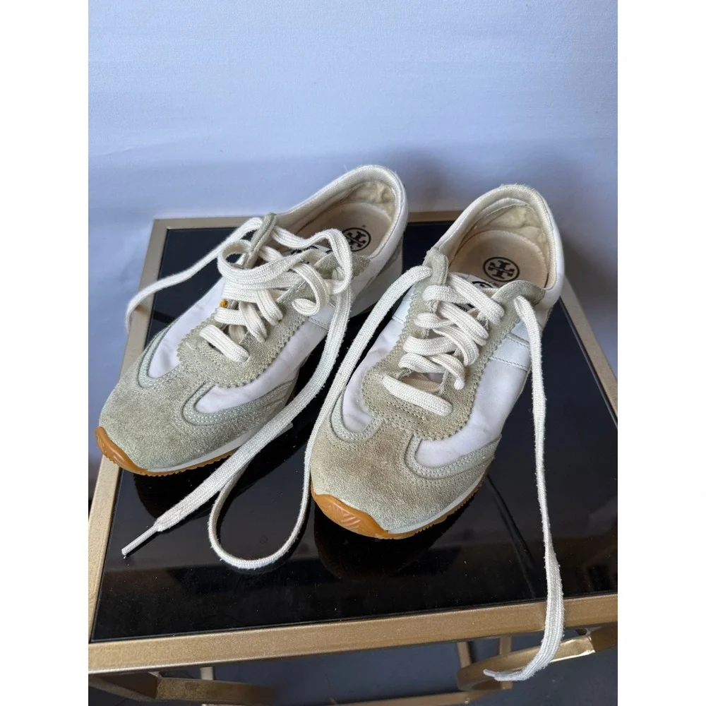 Tory Burch Tory Sneaker White‎ Sage Green Suede Nylon Low Top Trainers Gum Sole